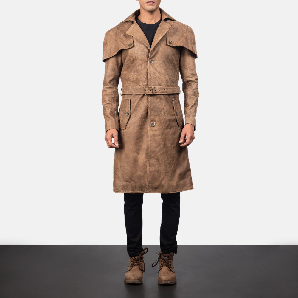 
Detailansicht of Classic Collar & Buttons + Belt Hardware on Deux Braun Leather Duster für Herren
