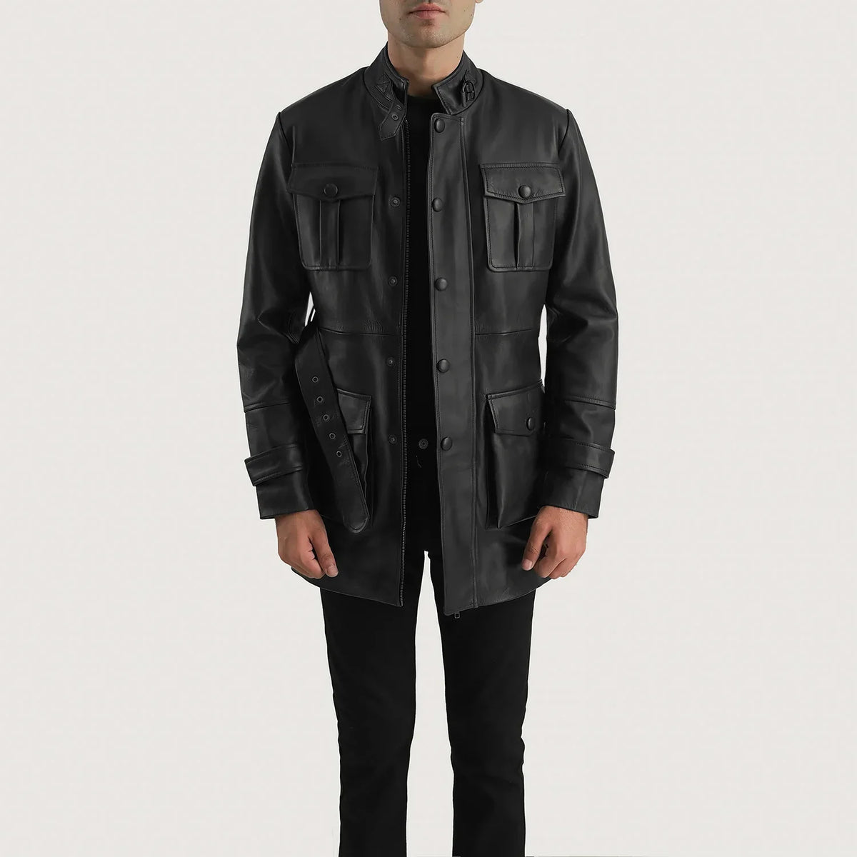 Dolf Schwarz Lederjacke für Herren in Black Cowhide Leather - Vorderansicht &amp; maßgeschneiderte Silhouette | Online Kaufen
