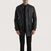 Dolf Schwarz Lederjacke für Herren in Black Cowhide Leather - Vorderansicht &amp; maßgeschneiderte Silhouette | Online Kaufen