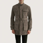 Detailansicht of High neck with Belt &amp; Snap button Hardware on Dolf Grau Wildlederjacke für Herren