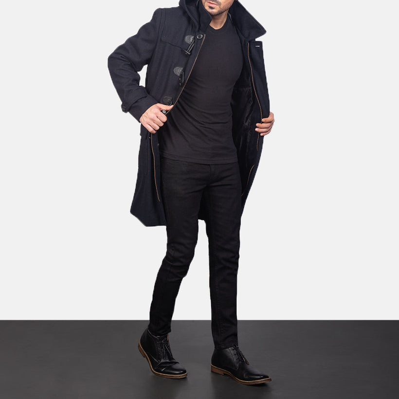 Drake Schwarz Wool Hooded Duffle Ledermantel für Herren
