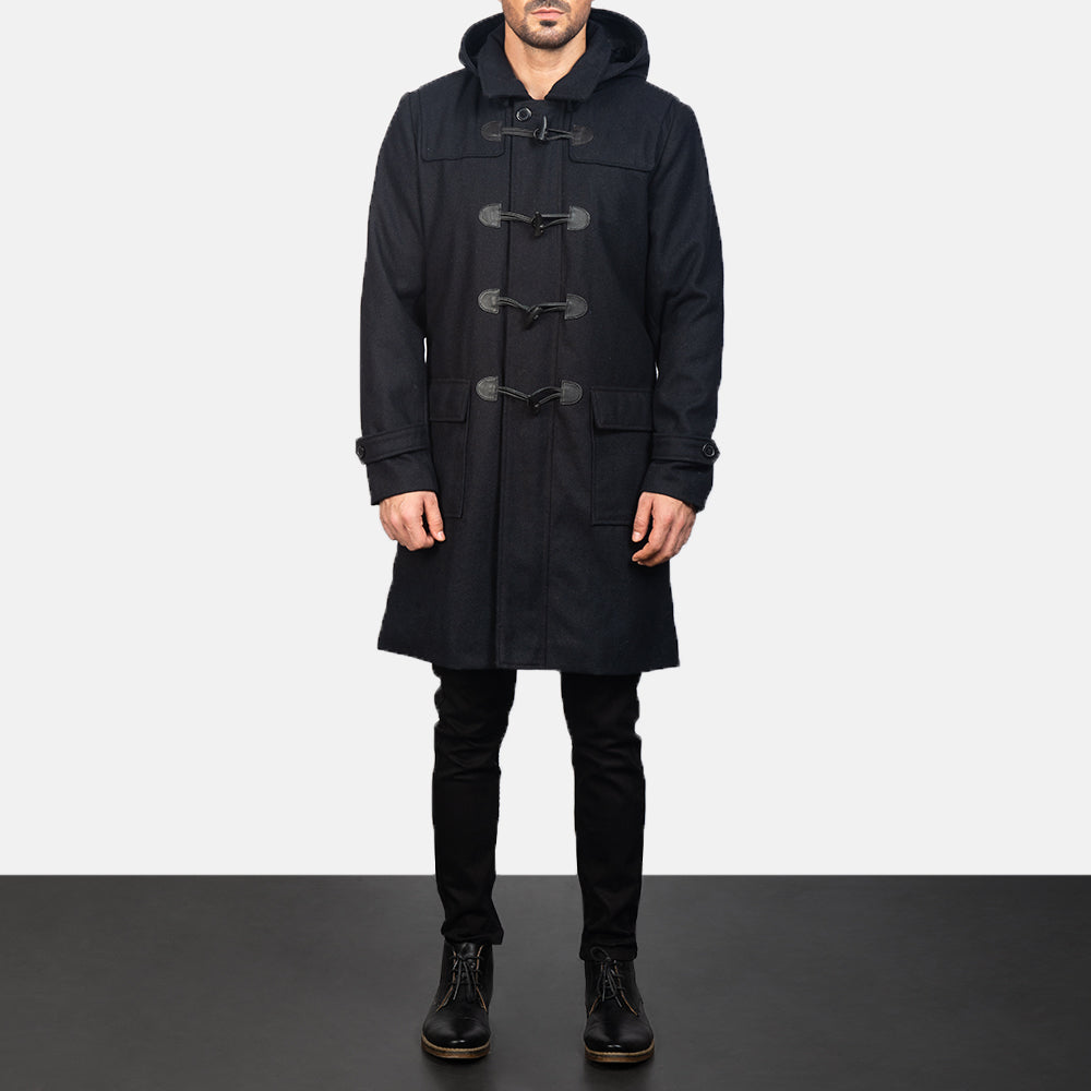 Detailansicht of Shirt with Removable Hood &amp; Toggle Buttons with Placket &amp; Zipper Hardware on Men's Drake Black Wool Duffle Coat