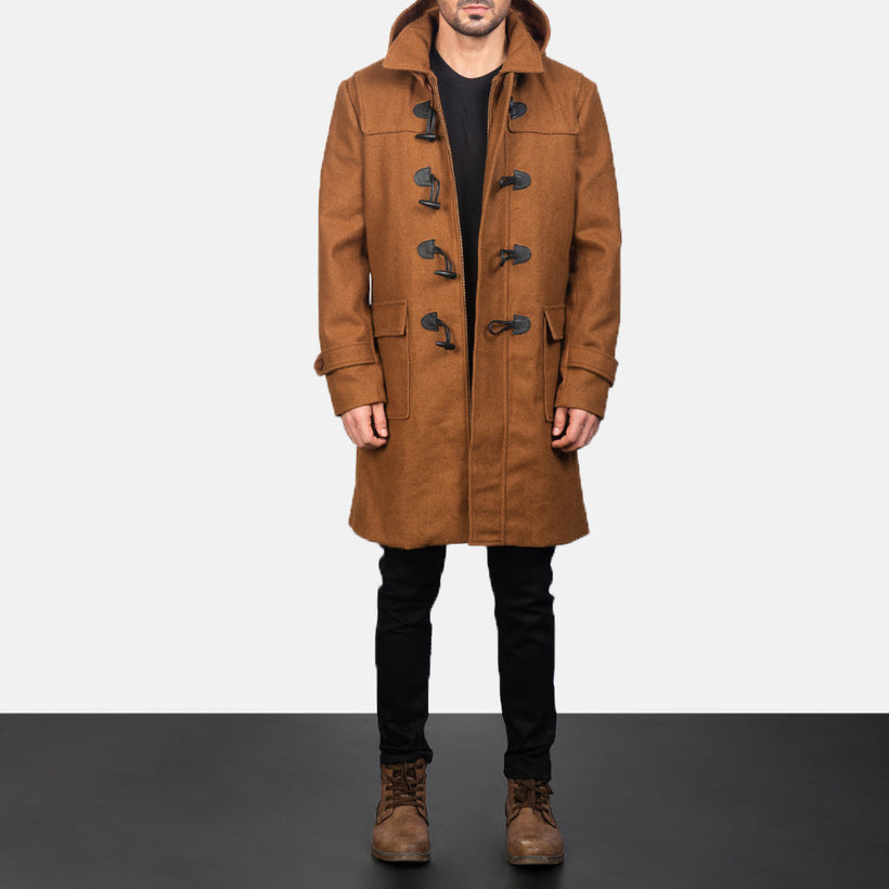 Drake Khaki Wool Hooded Duffle Ledermantel für Herren