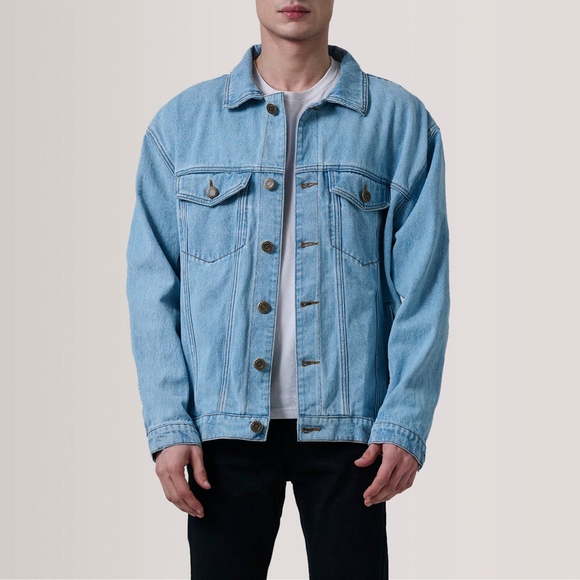 Eddie Light Blau Oversized Denim Trucker Lederjacke für Herren
