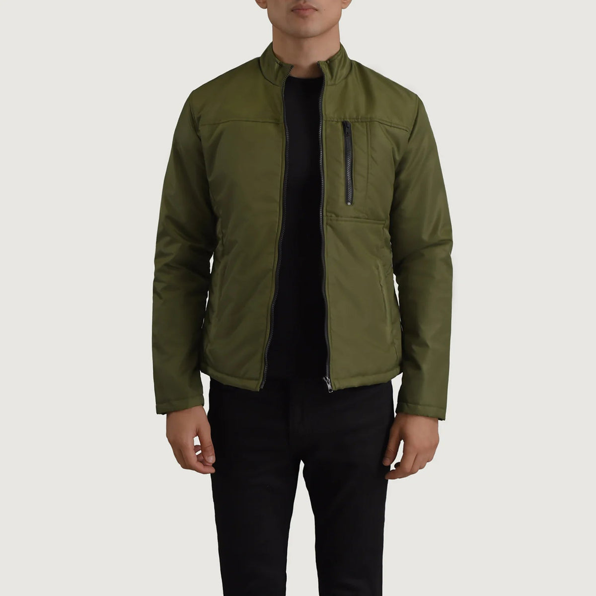 Elliot Grün Lightweight Lederjacke für Herren in Green Full-Grain Leather - Vorderansicht &amp; maßgeschneiderte Silhouette | Online Kaufen