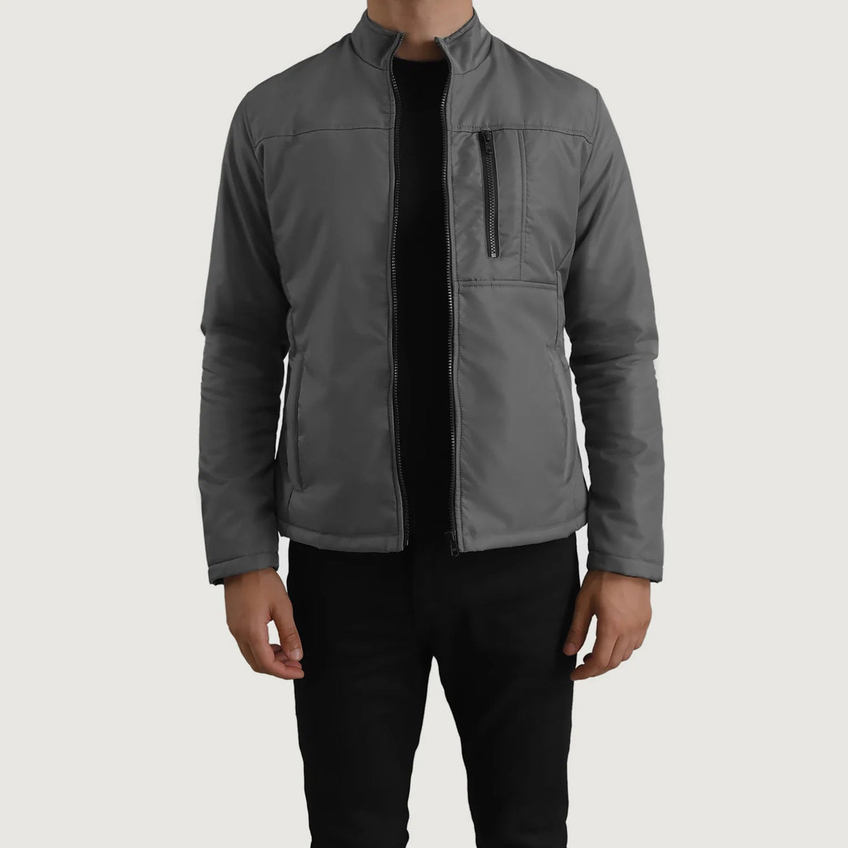 Elliot Grau Lightweight Lederjacke für Herren in Grey Full-Grain Leather - Vorderansicht &amp; maßgeschneiderte Silhouette | Online Kaufen
