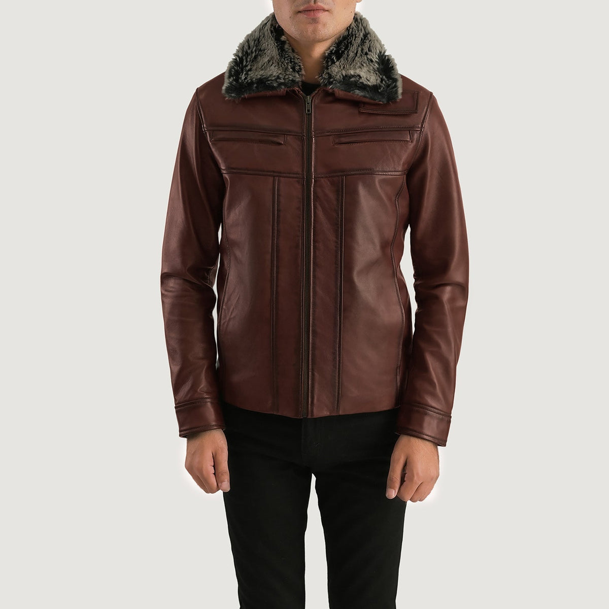 Men's Evan Hart Fur Braun Lederjacke für Herren in Distressed Brown Sheepskin Burnishing - Vorderansicht &amp; maßgeschneiderte Silhouette | Online Kaufen