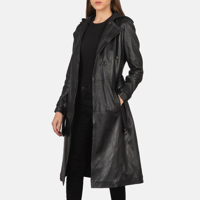 Fixon Hooded Schwarz Leder-Trenchcoat für Damen