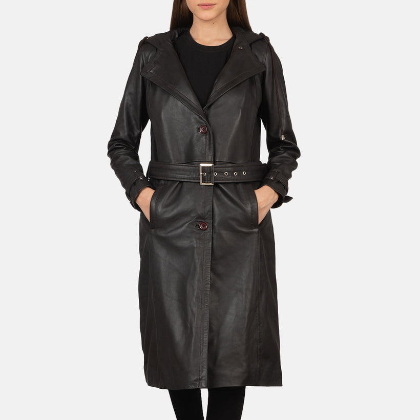 Fixon Hooded Braun Leder-Trenchcoat für Damen