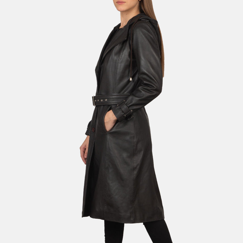 Fixon Hooded Braun Leder-Trenchcoat für Damen