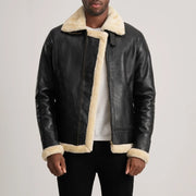 Men's Francis B-3 Black Leather Bomber Jacket in Black Sheepskin Leather - Vorderansicht &amp; maßgeschneiderte Silhouette | Online Kaufen
