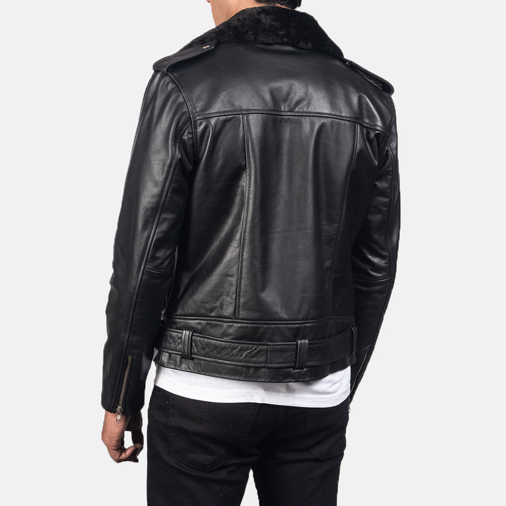 Detailansicht of Notch with Removable Fur &amp; Zipper with Waist belt Hardware on Men's Furton Black Leather Biker Jacket