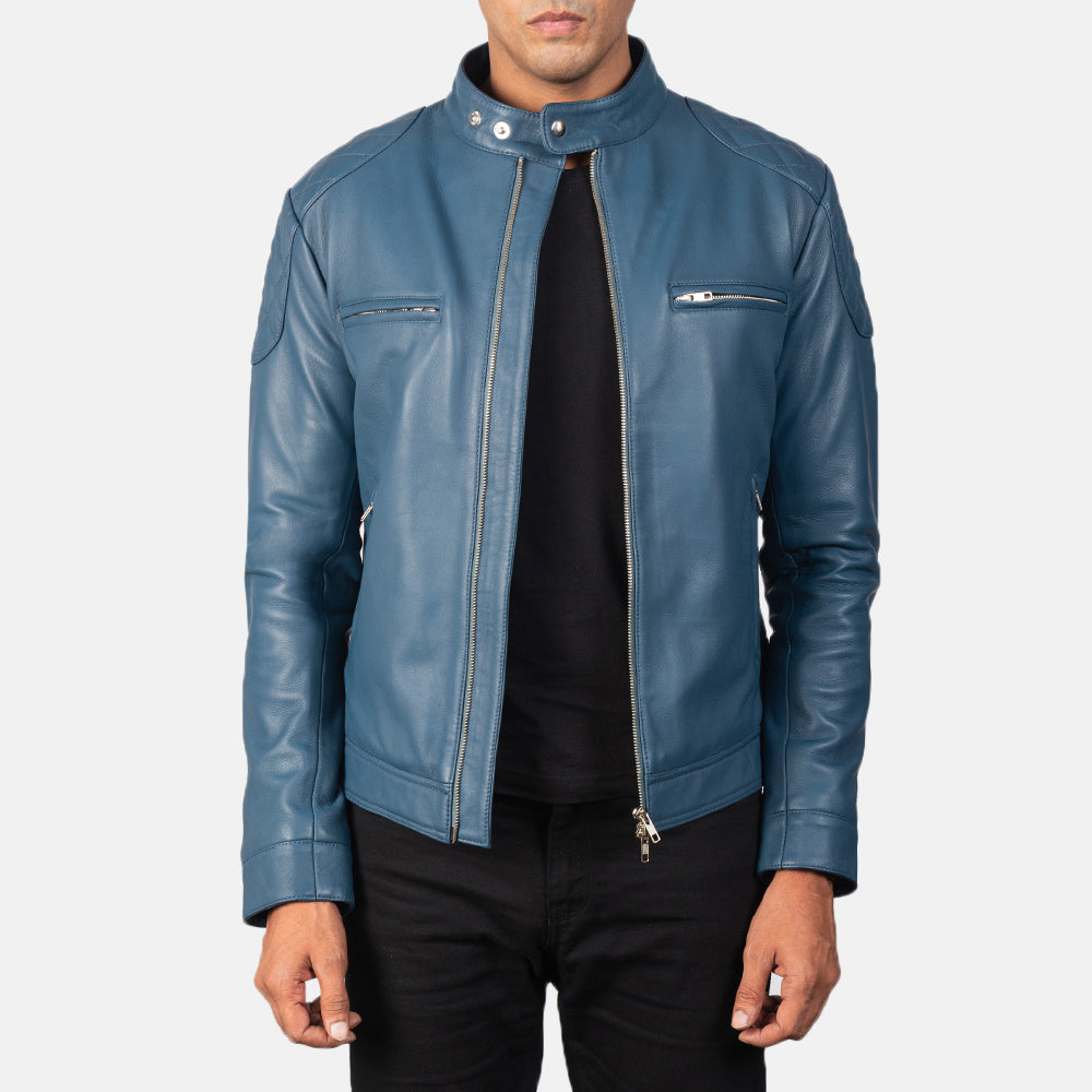 Men's Gatsby Quilted Blue Leather Biker Jacket in Blue Sheepskin Leather - Vorderansicht &amp; maßgeschneiderte Silhouette | Online Kaufen
