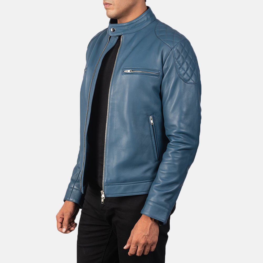 Blue Sheepskin Leather Biker Jacket - Rückansicht mit passgenauen Schultern &amp; sauberem Saum