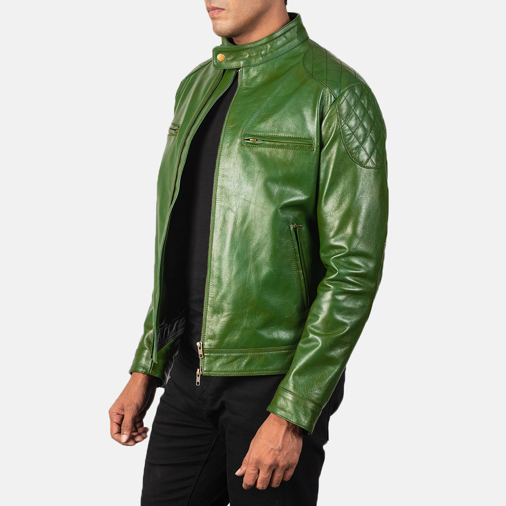 
Green Sheepskin Burnishing Biker Jacket - Rückansicht mit passgenauen Schultern & sauberem Saum