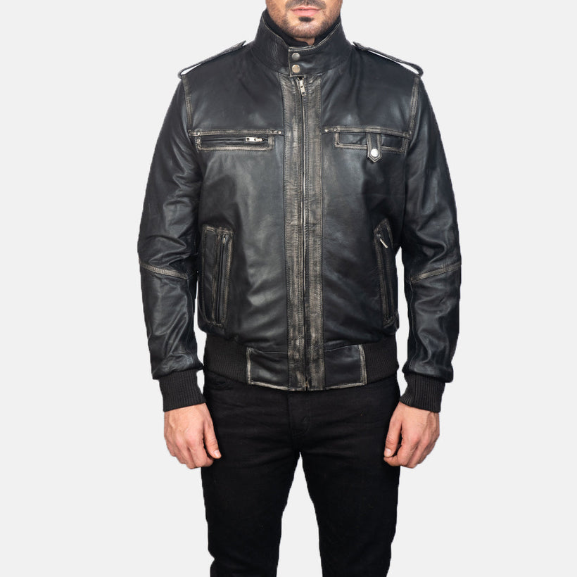 Glen Street Schwarz Leder-Bomberjacke für Herren