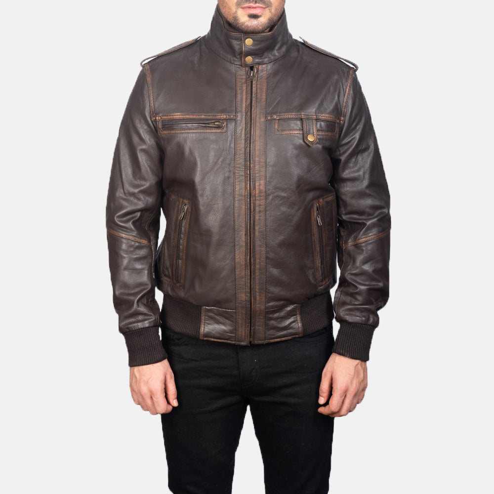 Detailansicht of High neck &amp; Zipper Hardware on Men's Street Brown Leather Bomber Jacket
