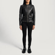 Detailansicht of Band with snap button &amp; Zipper Hardware on Women's Haley Ray Schwarz Leder-Bikerjacke für Damen