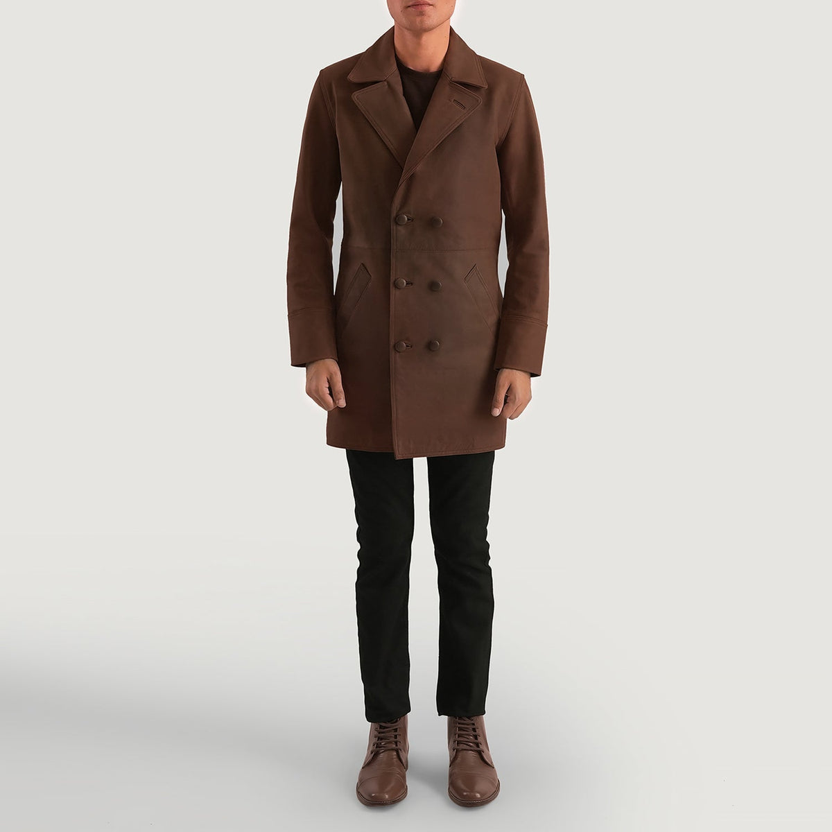 Detailansicht of Notch &amp; Button Hardware on Men's Half Life Braun Ledermantel für Herren