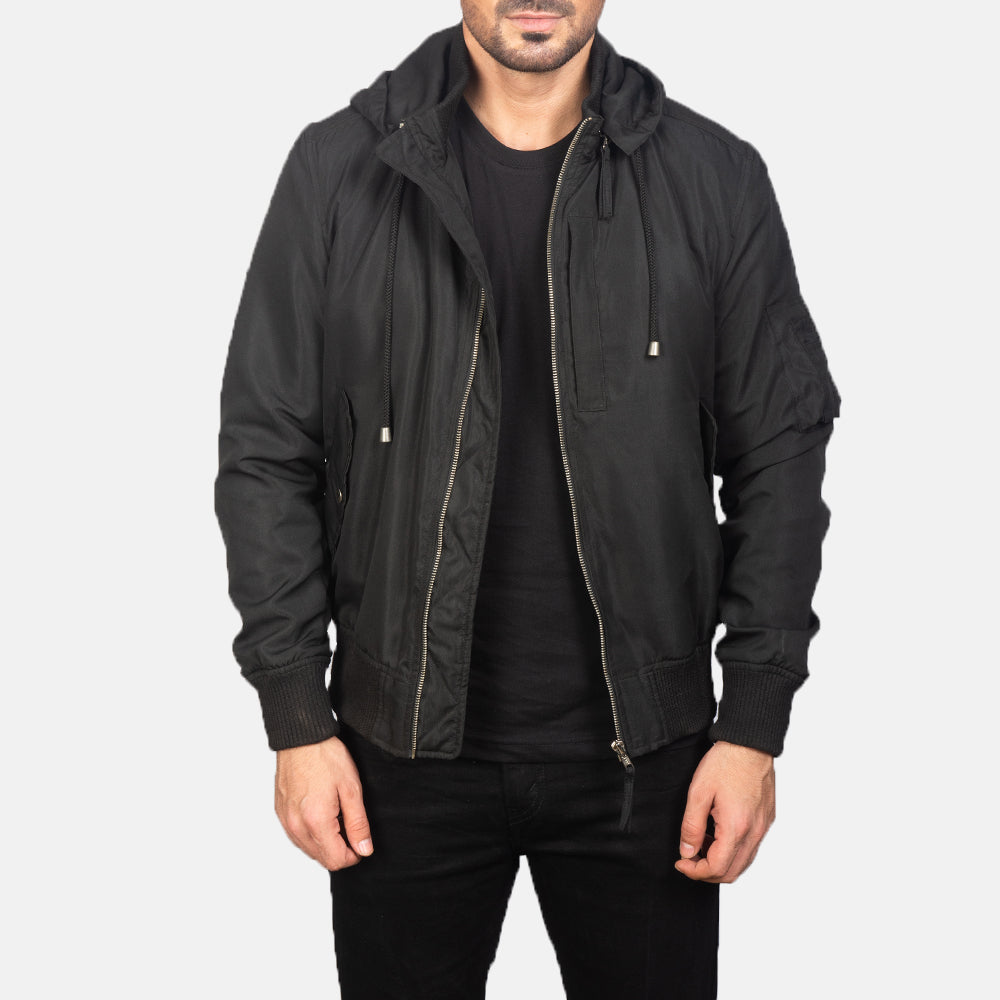 
Hanklin Ma-1 Black Hooded Bomber Jacket in Black Polyester - Vorderansicht & maßgeschneiderte Silhouette | Online Kaufen