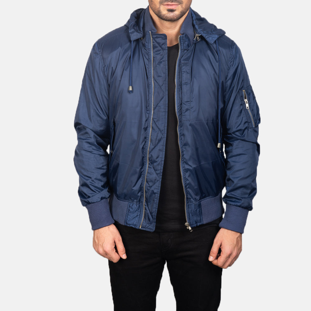 
Blue Hooded Bomber Jacket in Blue Nylon - Vorderansicht & maßgeschneiderte Silhouette | Online Kaufen