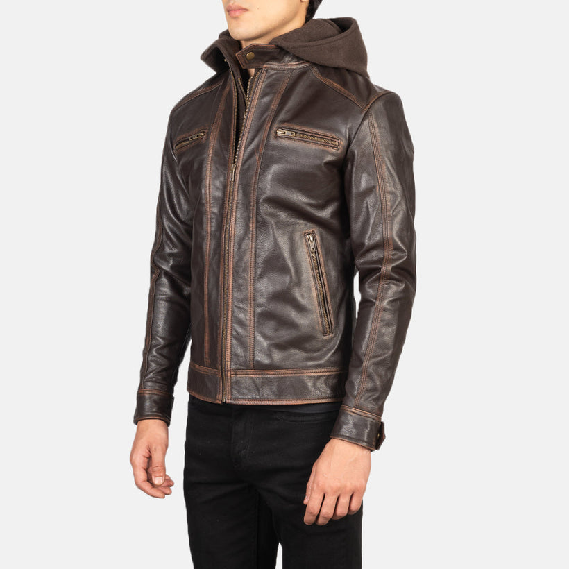 Hector Vintage-Braun Hooded Leder-Bikerjacke für Herren