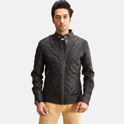 Henry Gesteppt Schwarz Lederjacke für Herren in Black Sheepskin Leather - Vorderansicht &amp; maßgeschneiderte Silhouette | Online Kaufen