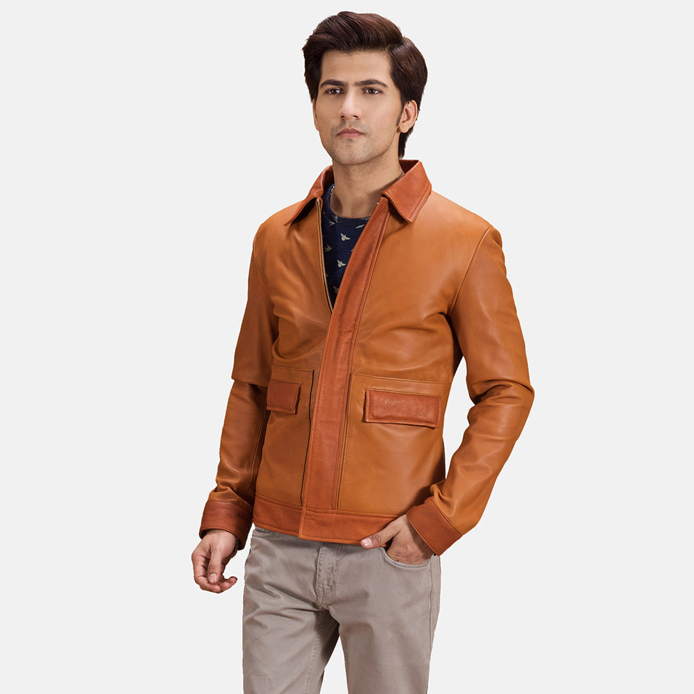 
Hubert Hellbraun Braun Lederjacke für Herren in Tan Brown Sheepskin Leather - Vorderansicht & maßgeschneiderte Silhouette | Online Kaufen