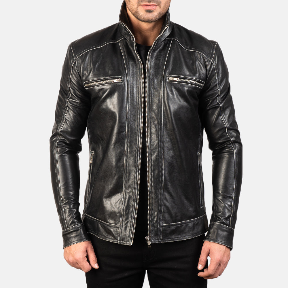 
Hudson Black Leather Biker Jacket in Black Cowhide Leather - Vorderansicht & maßgeschneiderte Silhouette | Online Kaufen