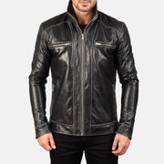 
Detailansicht of High neck Band & Zipper Hardware on Hudson Black Leather Biker Jacket