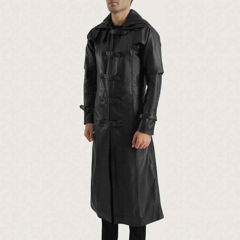Huntsman Schwarz Hooded Leder-Trenchcoat für Herren
