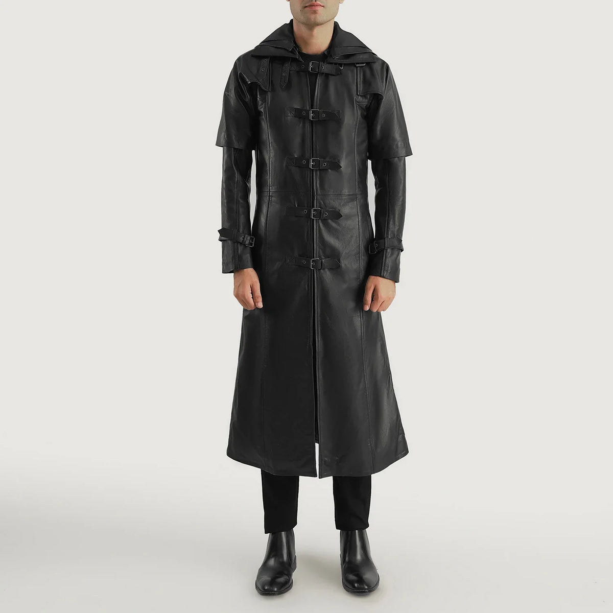 
Huntsman Schwarz Hooded Leder-Trenchcoat für Herren - Seitenansicht mit ergonomischem Ärmelschnitt & sportlicher Passform