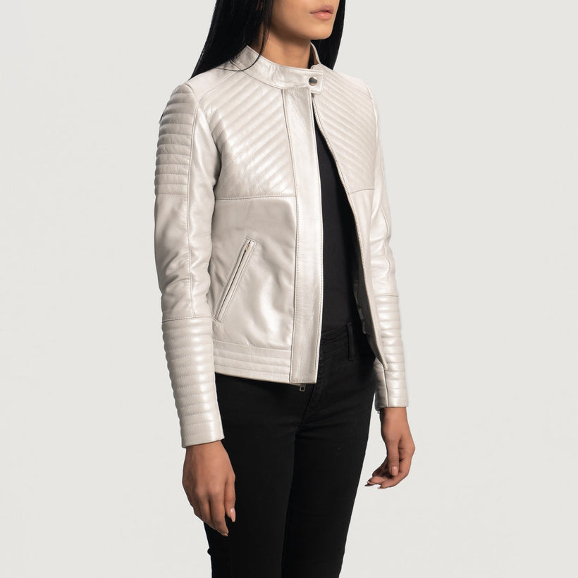 Ice Maiden Silver Gesteppt Leder-Bikerjacke für Damen