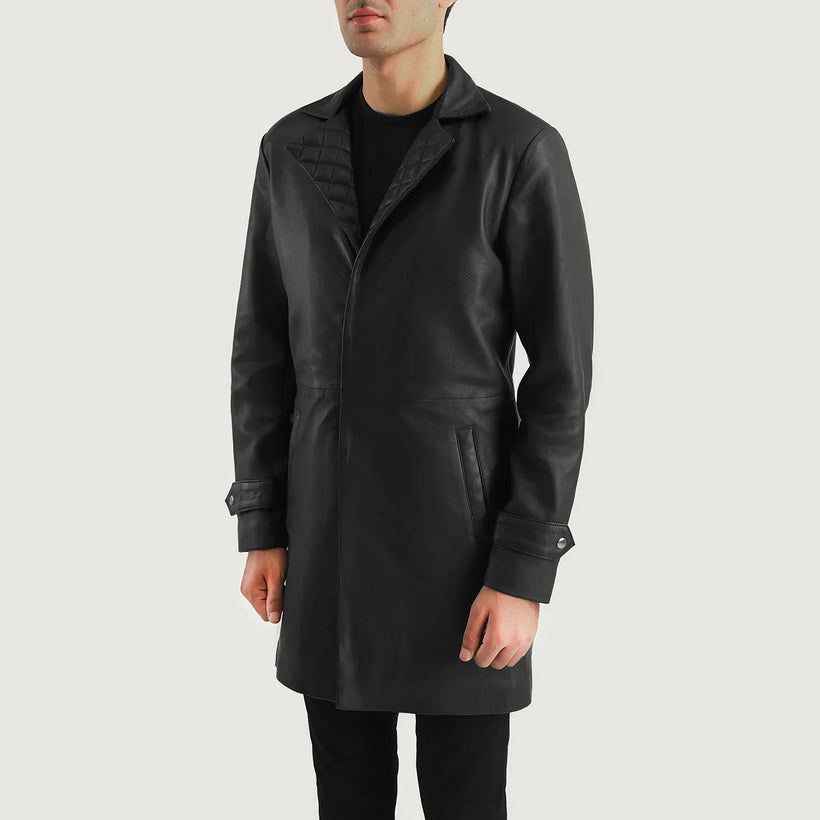 Black Sheepskin leather Coat - Back View Showing Tailored Shoulder Fit & Clean Hemline