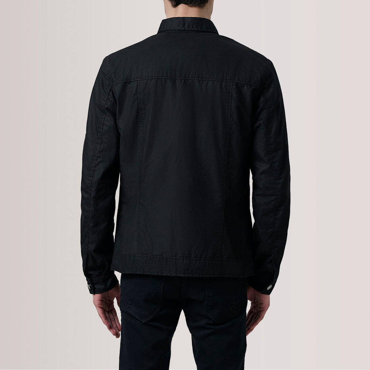 Detailansicht of Classic Collar &amp; Button Hardware on Irwin Schwarz Waxed Canvas Field Lederjacke für Herren For Men