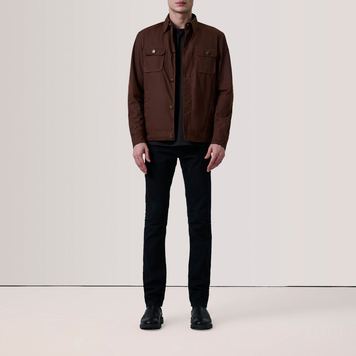Brown Waxed Cotton Canvas Leather Jacket - Rückansicht mit passgenauen Schultern &amp; sauberem Saum
