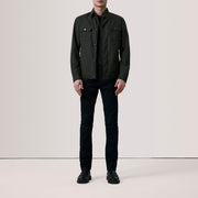 Olive Waxed Cotton Canvas Leather Jacket - Rückansicht mit passgenauen Schultern &amp; sauberem Saum