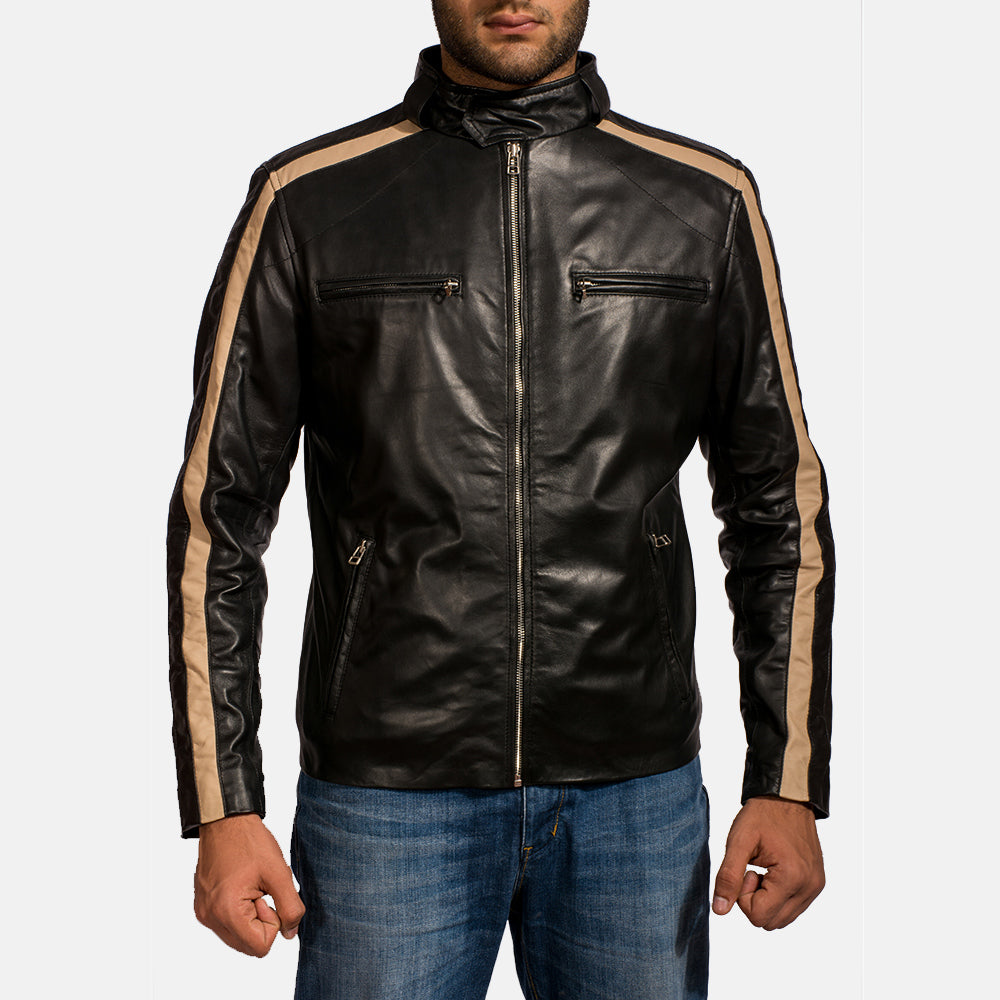 Men's Jack Black Leather Biker Jacket in Black Sheepskin Leather - Vorderansicht &amp; maßgeschneiderte Silhouette | Online Kaufen