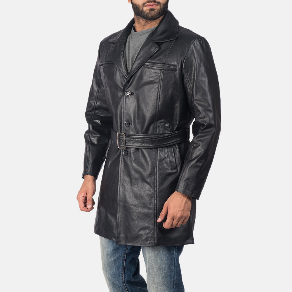 
Black Cowhide leather Coat - Rückansicht mit passgenauen Schultern & sauberem Saum
