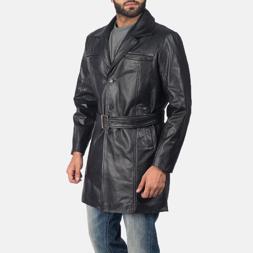 Black Cowhide leather Coat - Back View Showing Tailored Shoulder Fit & Clean Hemline