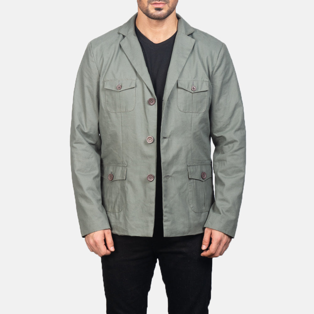 
Kajetan Grau Safari-Beige Lederjacke für Herren in Grey Poly-Cotton - Vorderansicht & maßgeschneiderte Silhouette | Online Kaufen