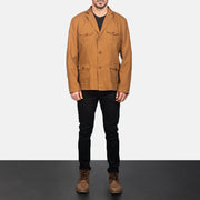 
Kajetan Khaki Safari-Beige Lederjacke für Herren - Seitenansicht mit ergonomischem Ärmelschnitt & sportlicher Passform