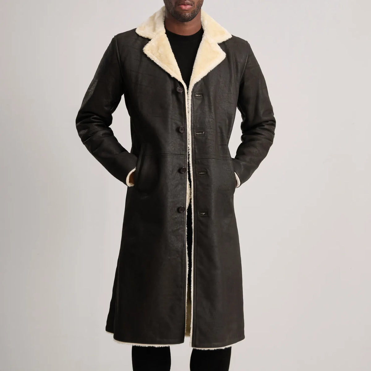 
Detailansicht of Notch & Button Hardware on Kolby Tumbled Brown Shearling Long Coat