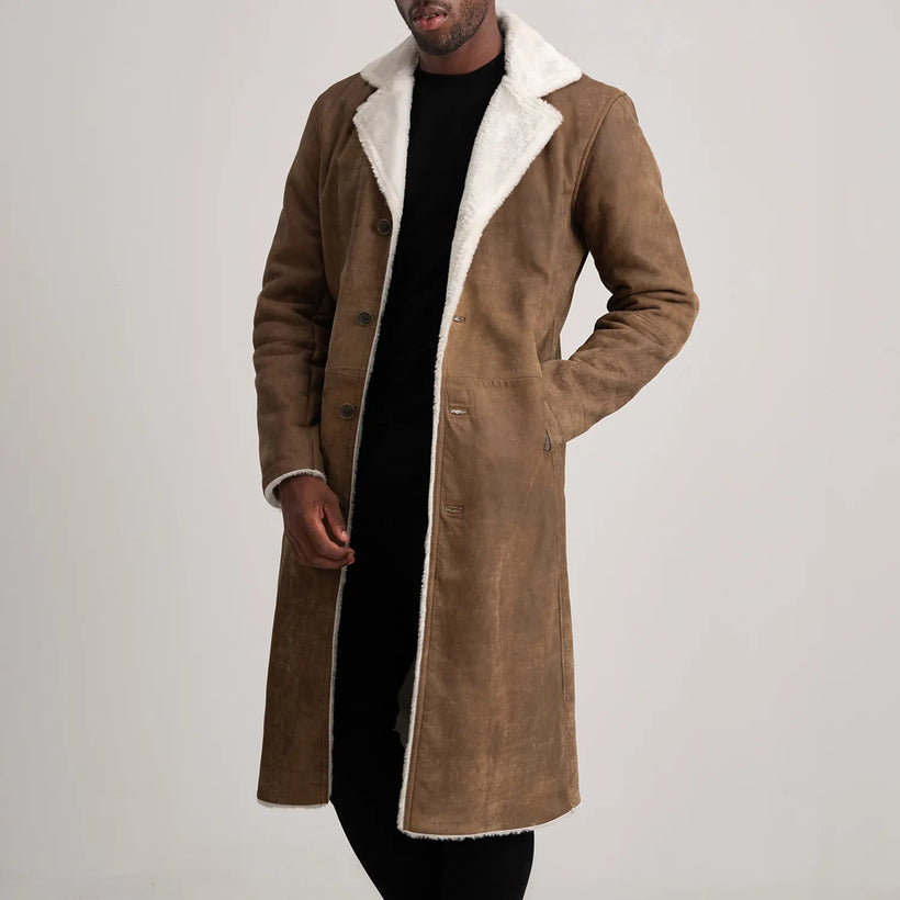 Kolby Vintage-Braun Leather Shearling Ledermantel für Herren