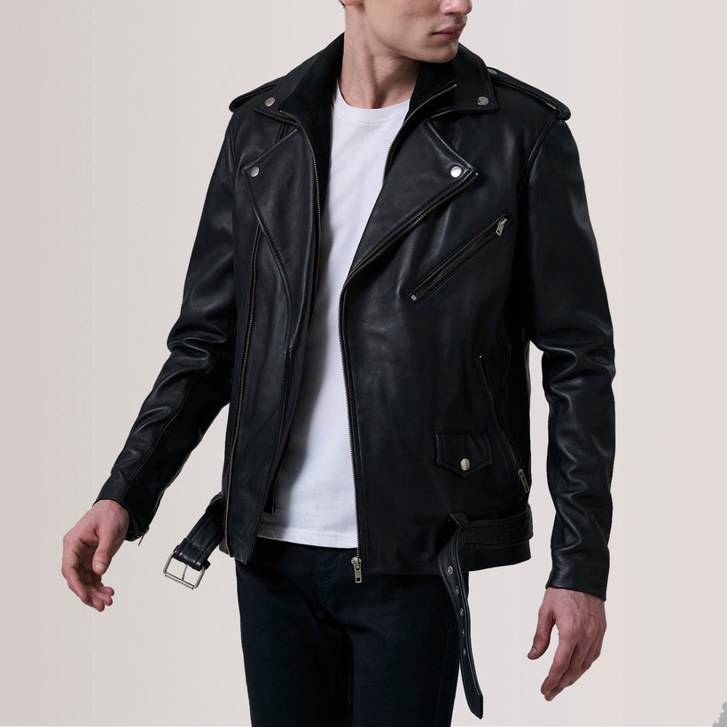 Kole Schwarz Leather Double Rider Lederjacke für Herren