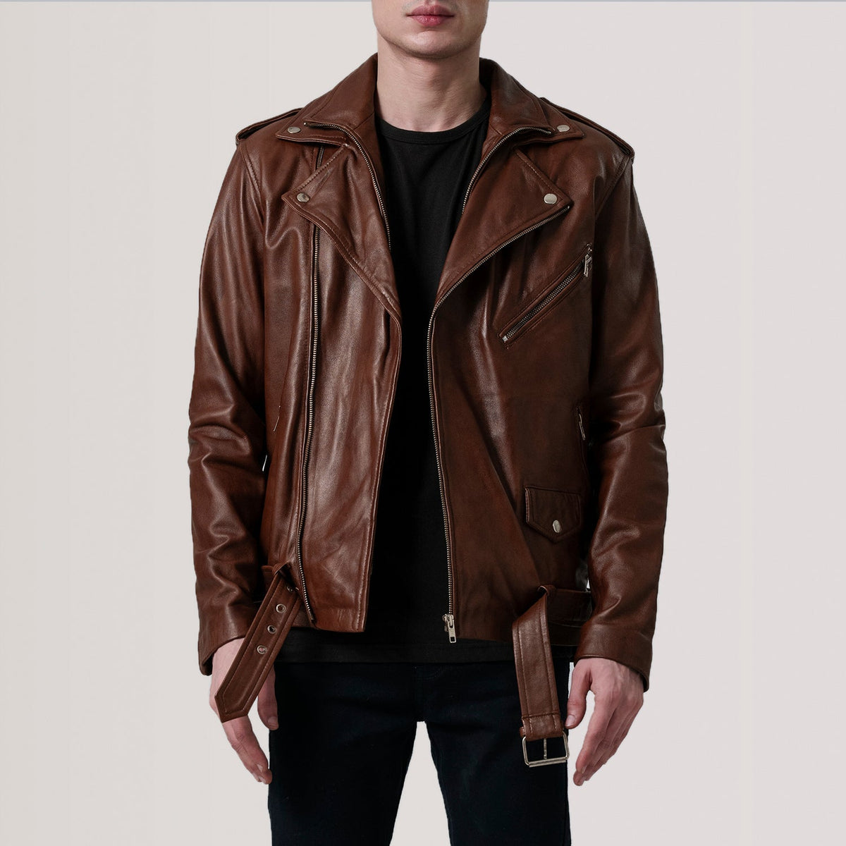 
Kole Waxed Braun Leather Double Rider Lederjacke für Herren in Distressed Brown Sheepskin Burnished - Vorderansicht & maßgeschneiderte Silhouette | Online Kaufen