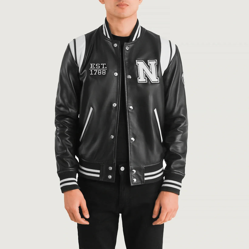 Liberte New York Schwarz Leather Varsity Lederjacke für Herren
