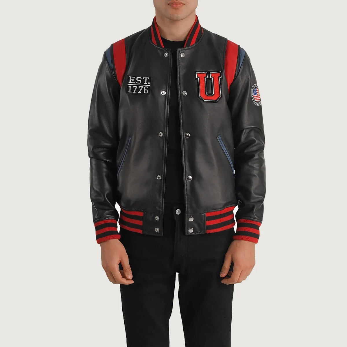 
Liberte USA Black Leather Varsity Jacket in Black Sheepskin Leather - Vorderansicht & maßgeschneiderte Silhouette | Online Kaufen