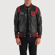 
Liberte USA Black Leather Varsity Jacket in Black Sheepskin Leather - Vorderansicht & maßgeschneiderte Silhouette | Online Kaufen