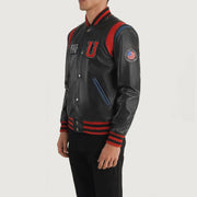 
Black Sheepskin Leather Varsity Jacket - Rückansicht mit passgenauen Schultern & sauberem Saum